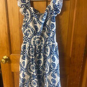 BLUE AND WHITE, COTTON, SUN DRESS, WITH TIE OPEN BACK, GREAT FOR A SUMMER PARTY,